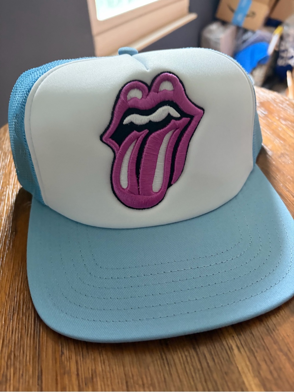 NWT the Rolling Stones Light Blue and White Trucker Hat with Pink Tongue Patch